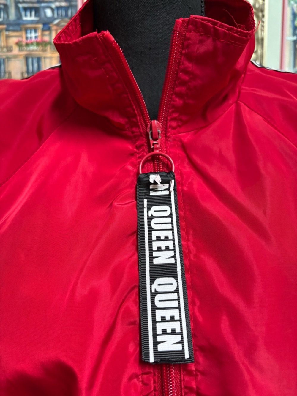 “Queen” Red Satin Bomber Cropped Zip-Up Jacket with Branded Trim Size XL